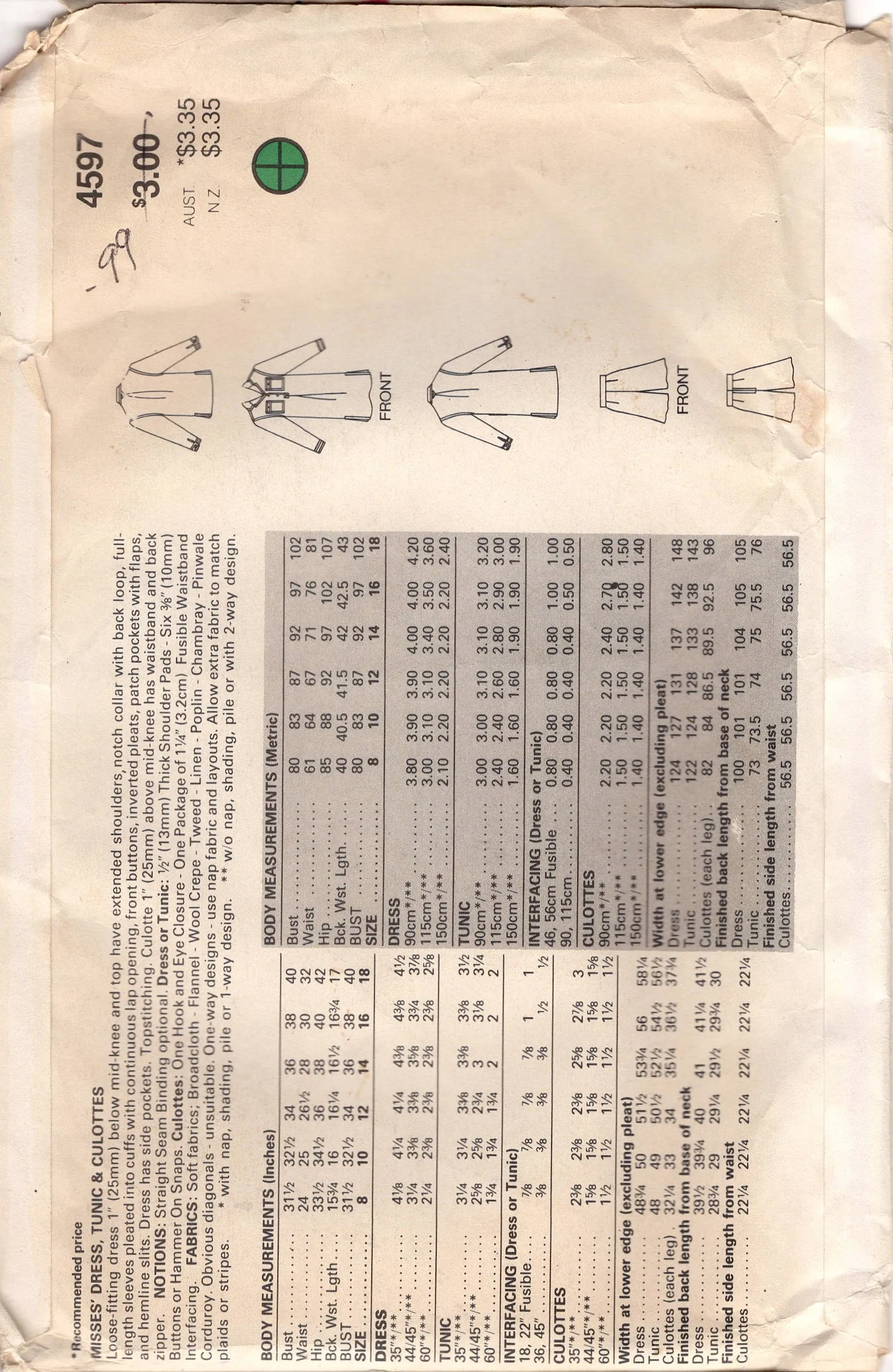 1980's Butterick Button Up Shirt or Tunic with Large Pockets, and Culottes pattern - Bust 31.5-34" - No. 4597