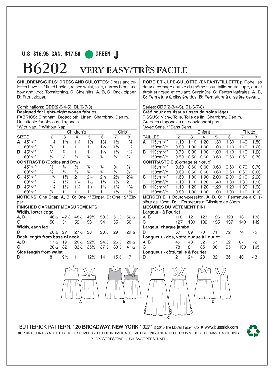 B6202 Children's/Girls' Dress and Culottes