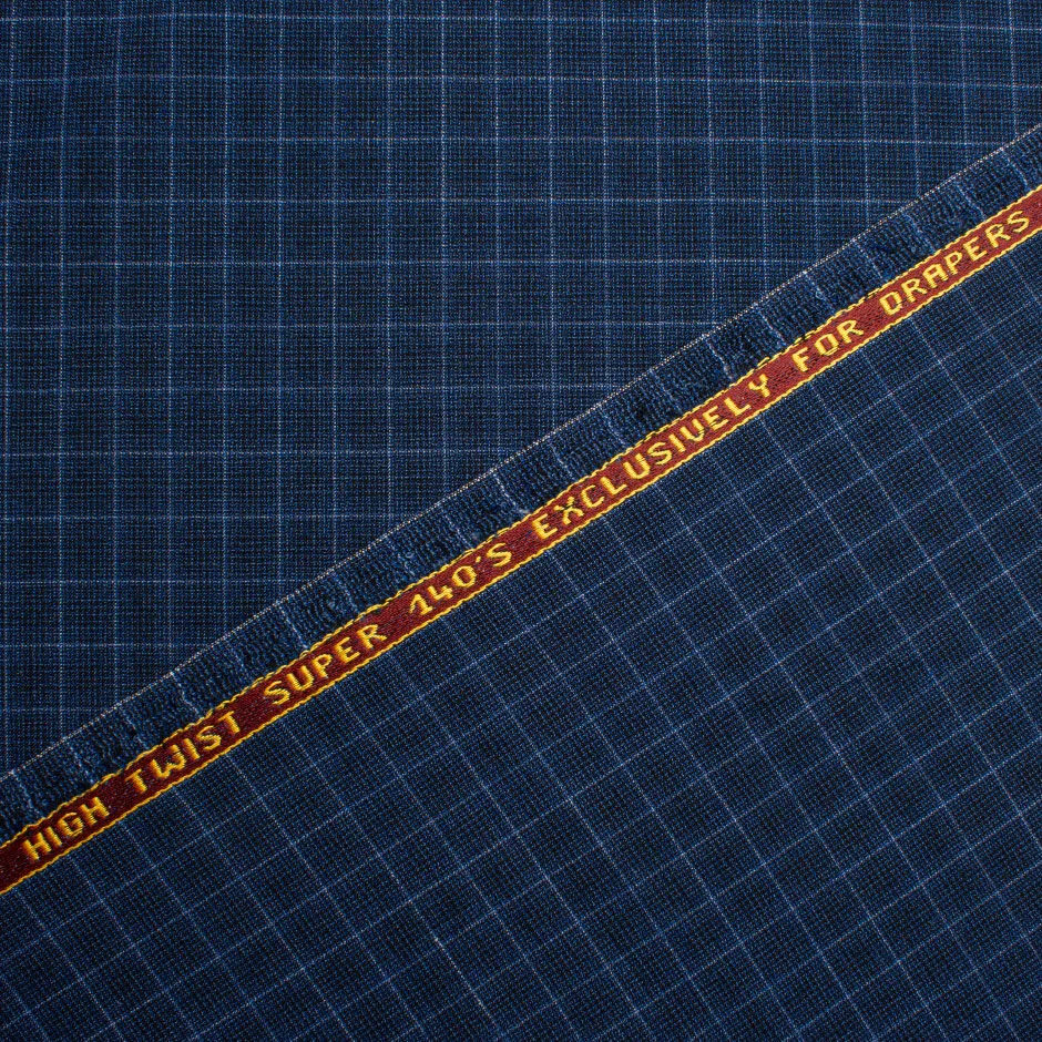 Blue Graph Checkered Pure Wool Suiting Fabric