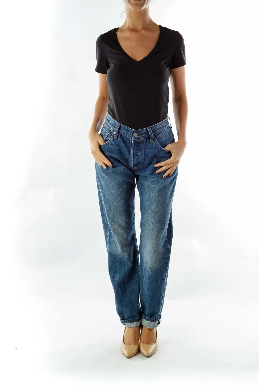 Blue High-Waisted Boyfriend Jeans