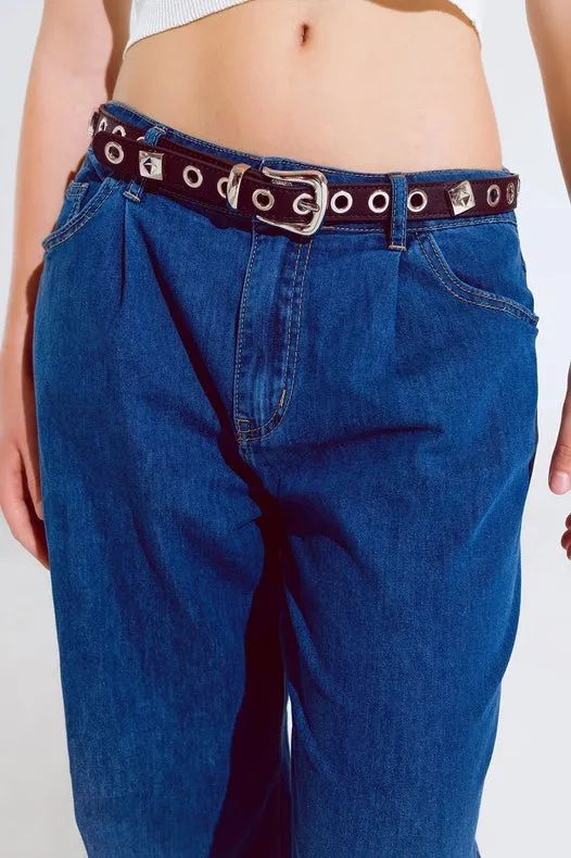 Boyfriend Wide Leg Five Pocket Jeans In Dark Wash