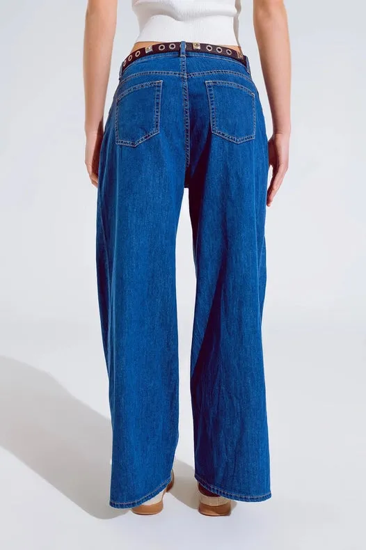 Boyfriend Wide Leg Five Pocket Jeans In Dark Wash