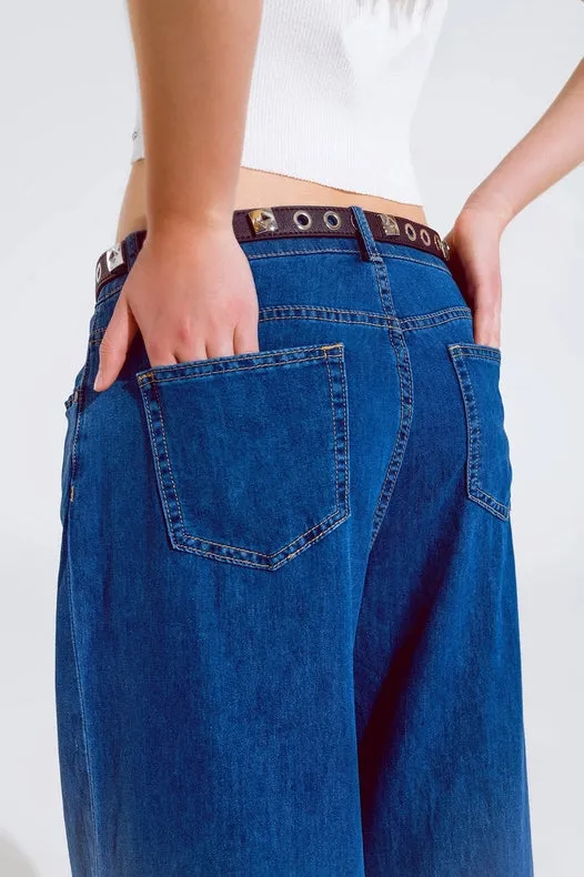Boyfriend Wide Leg Five Pocket Jeans In Dark Wash