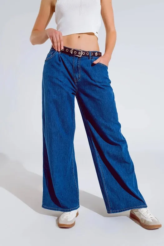 Boyfriend Wide Leg Five Pocket Jeans In Dark Wash