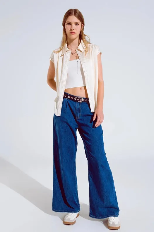 Boyfriend Wide Leg Five Pocket Jeans In Dark Wash