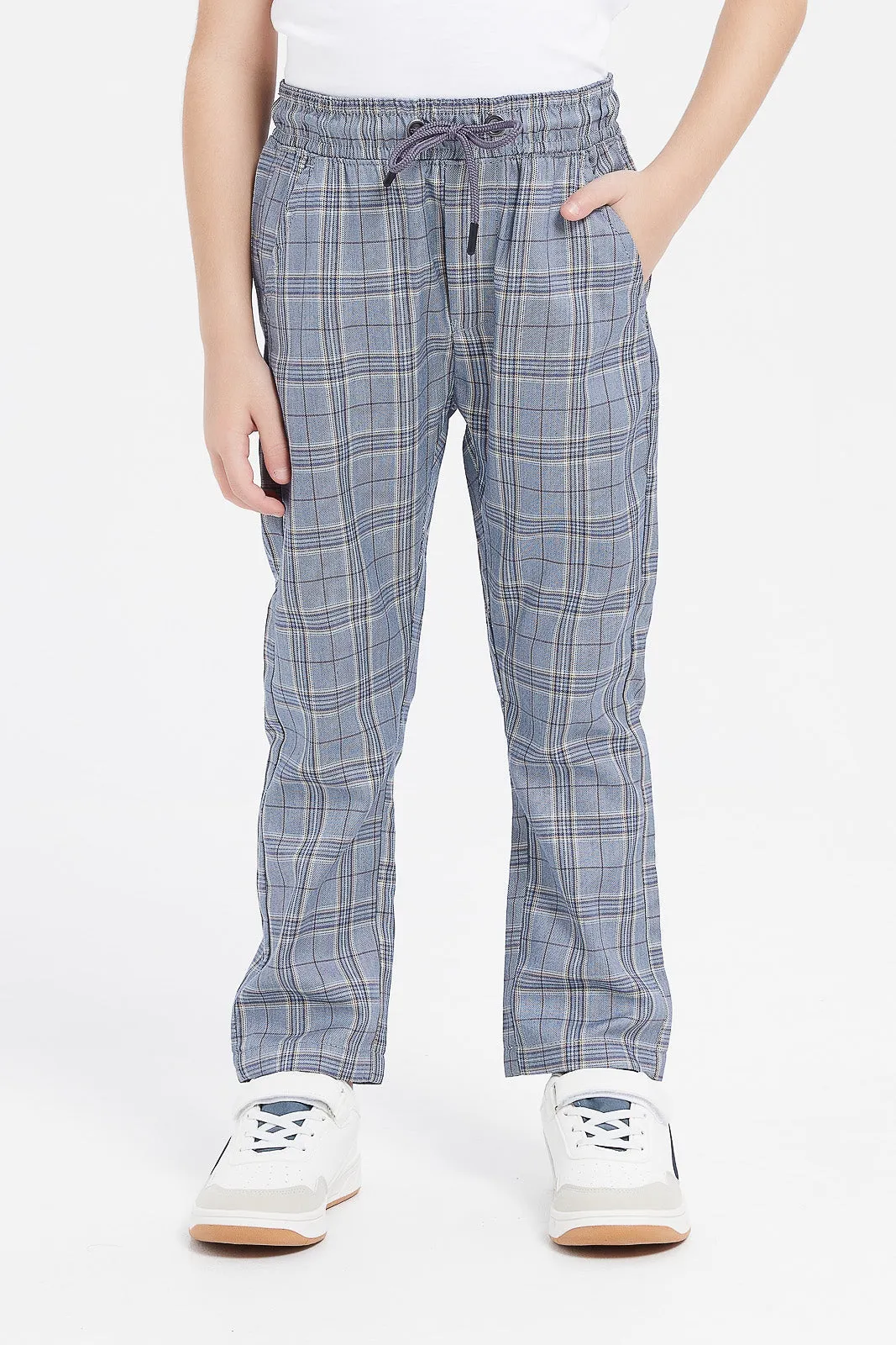 Boys Grey Checkered Pull On Trouser
