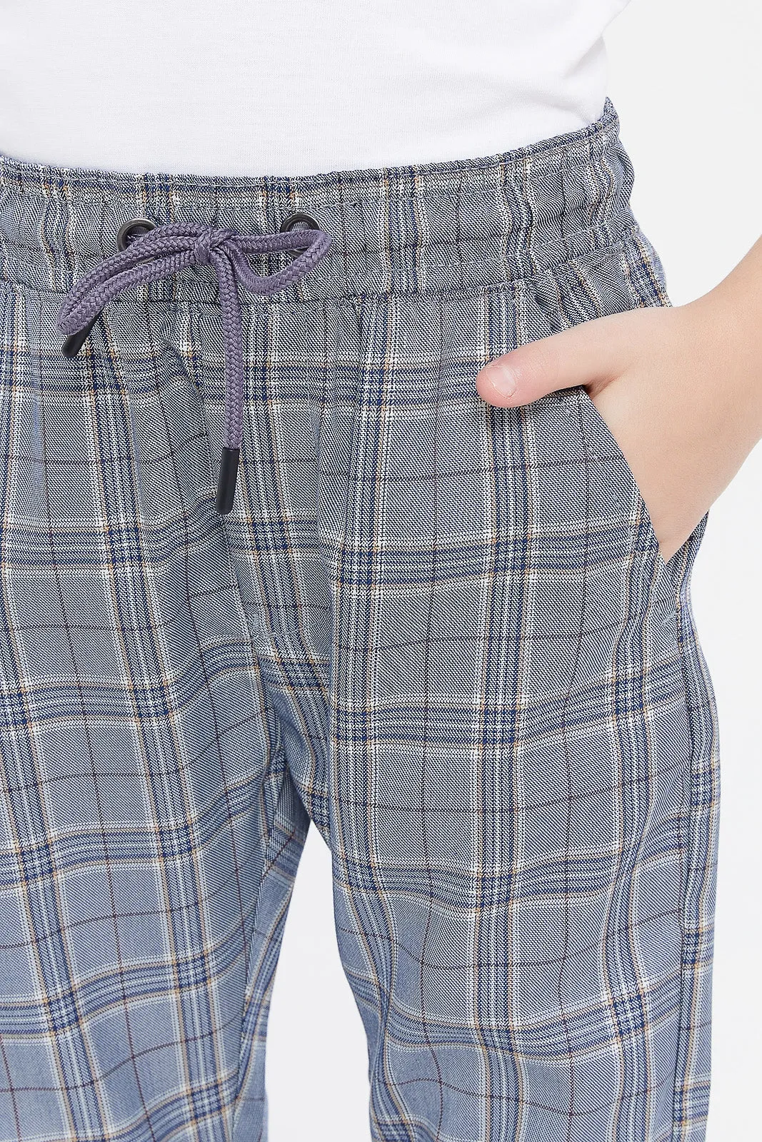 Boys Grey Checkered Pull On Trouser