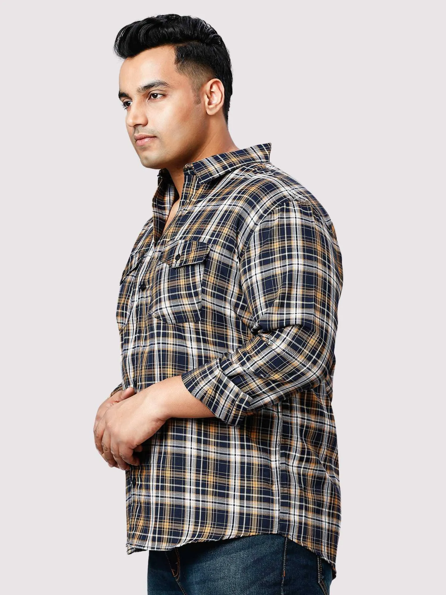 Brown and Grey Checkered Double Pocket Full Shirt Men's Plus Size