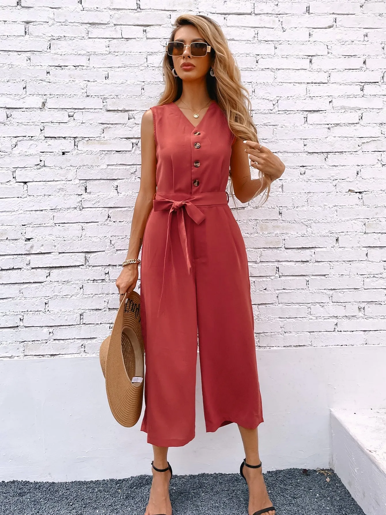 Casual Plain Button Front Sleeveless V Neck High Waist Capris Women Jumpsuit