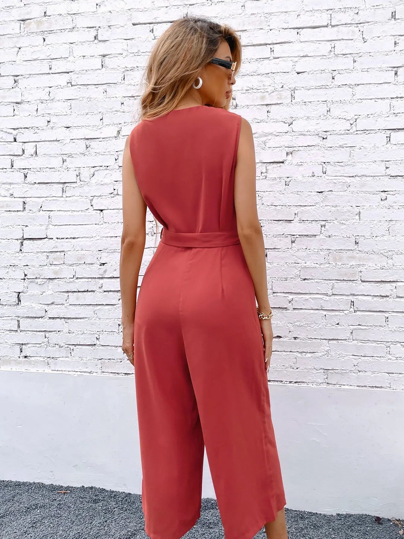 Casual Plain Button Front Sleeveless V Neck High Waist Capris Women Jumpsuit