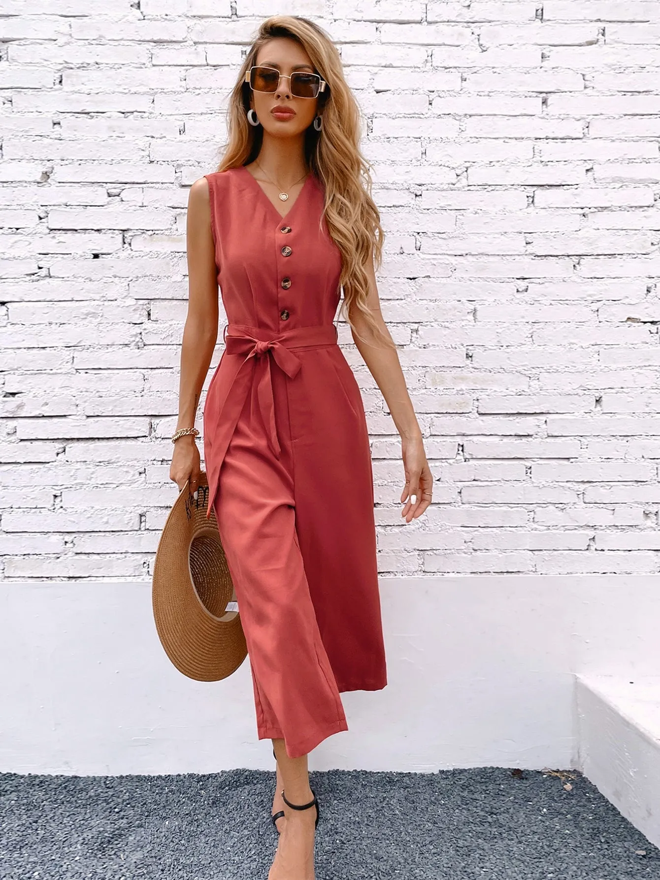 Casual Plain Button Front Sleeveless V Neck High Waist Capris Women Jumpsuit