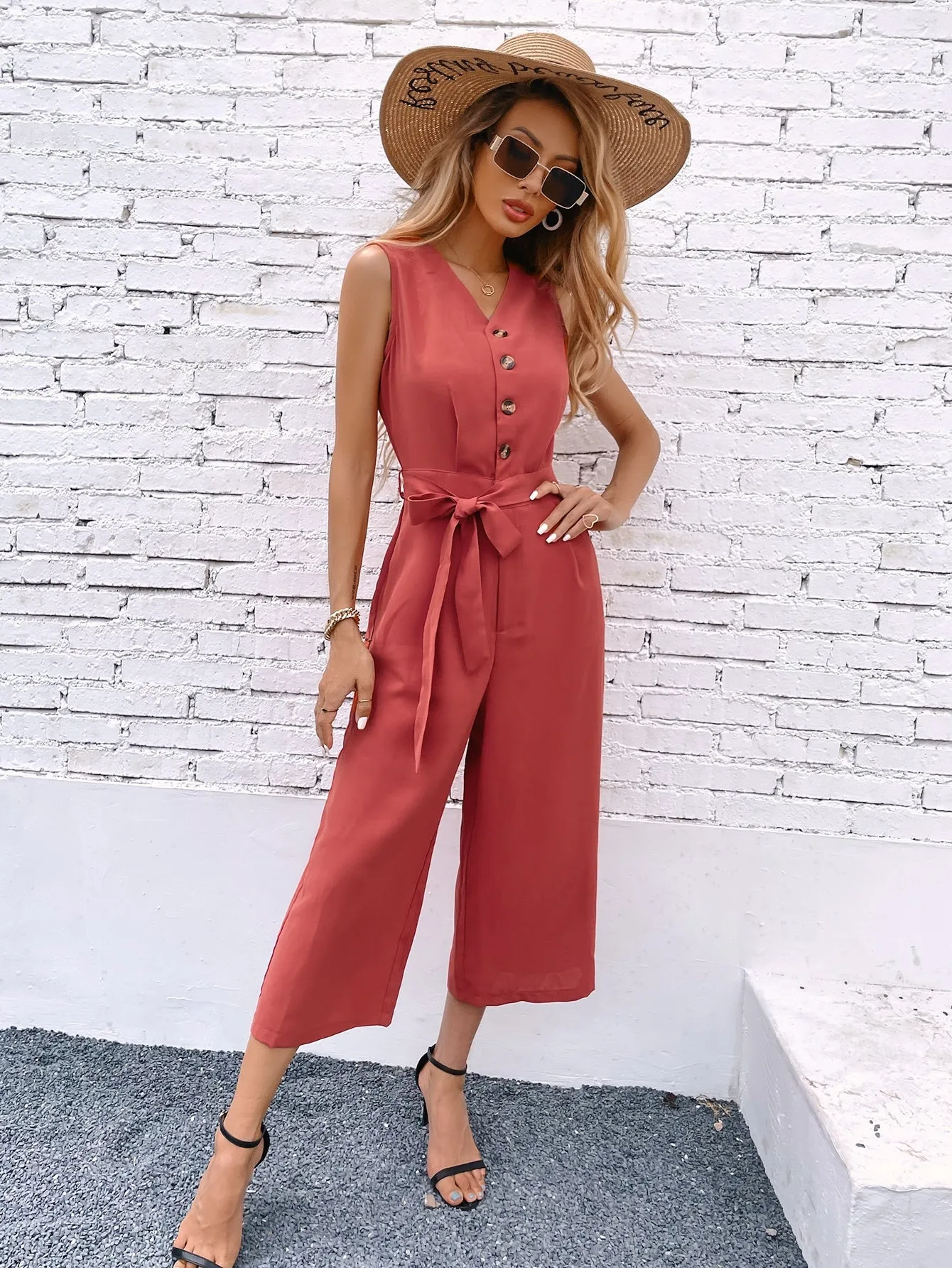 Casual Plain Button Front Sleeveless V Neck High Waist Capris Women Jumpsuit