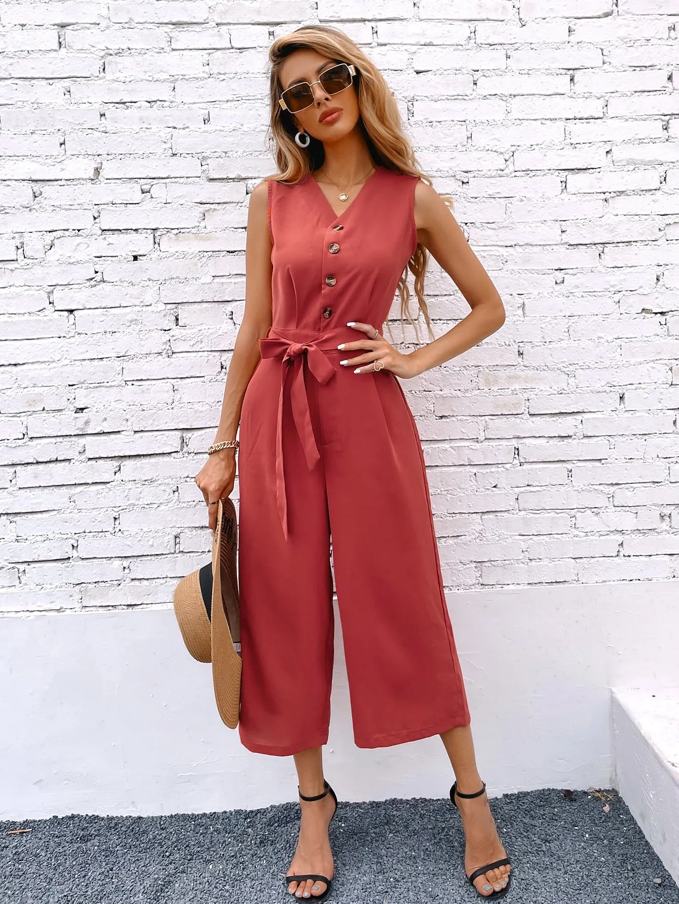 Casual Plain Button Front Sleeveless V Neck High Waist Capris Women Jumpsuit