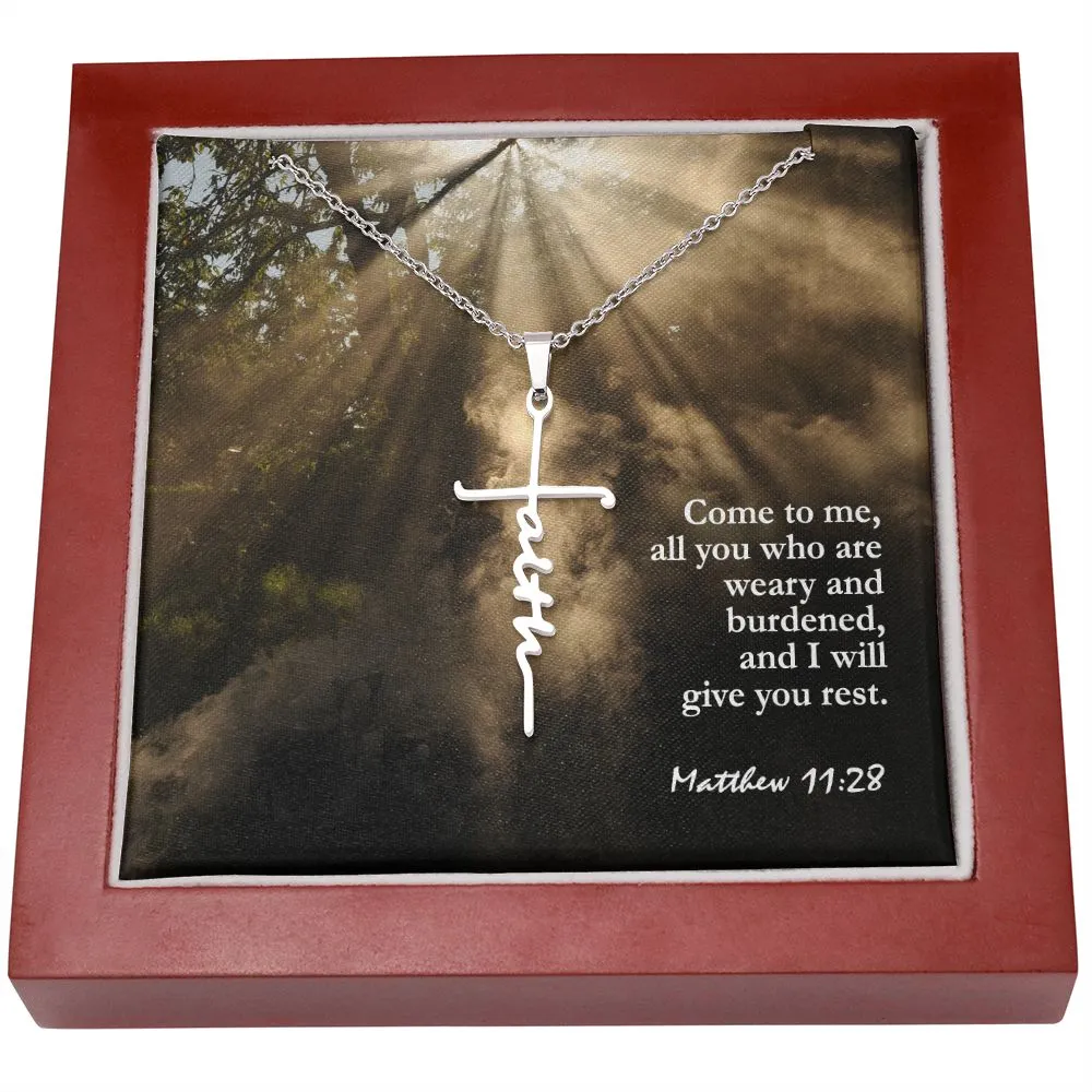 Come To Me, All You Who Are Weary And Burdened, & I Will Give You Rest - Faith Cross Necklace with Message Card - Gift for Her - Gift for Him