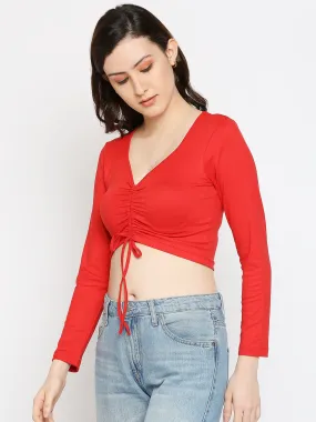 Disrupt Women Long Sleeve Solid Red Drawstring Crop Top