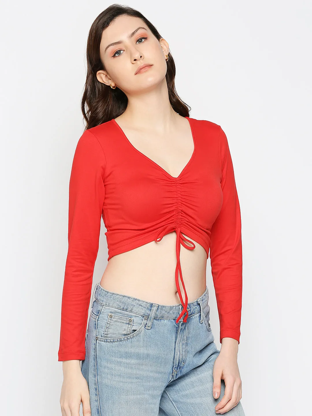 Disrupt Women Long Sleeve Solid Red Drawstring Crop Top