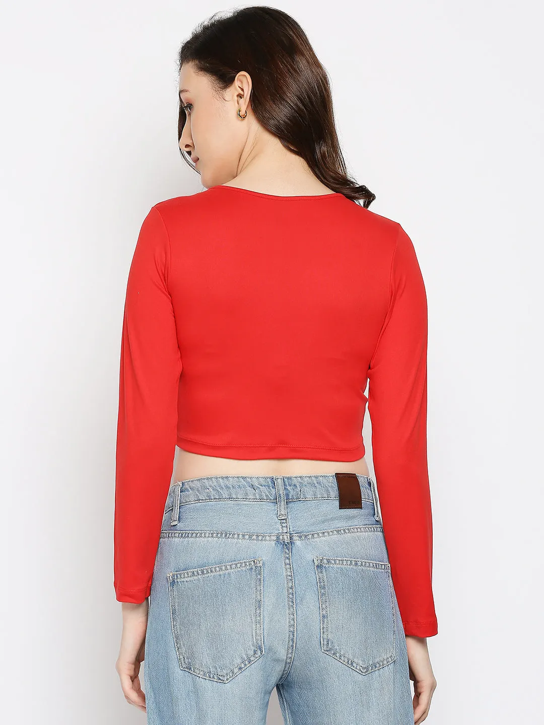 Disrupt Women Long Sleeve Solid Red Drawstring Crop Top