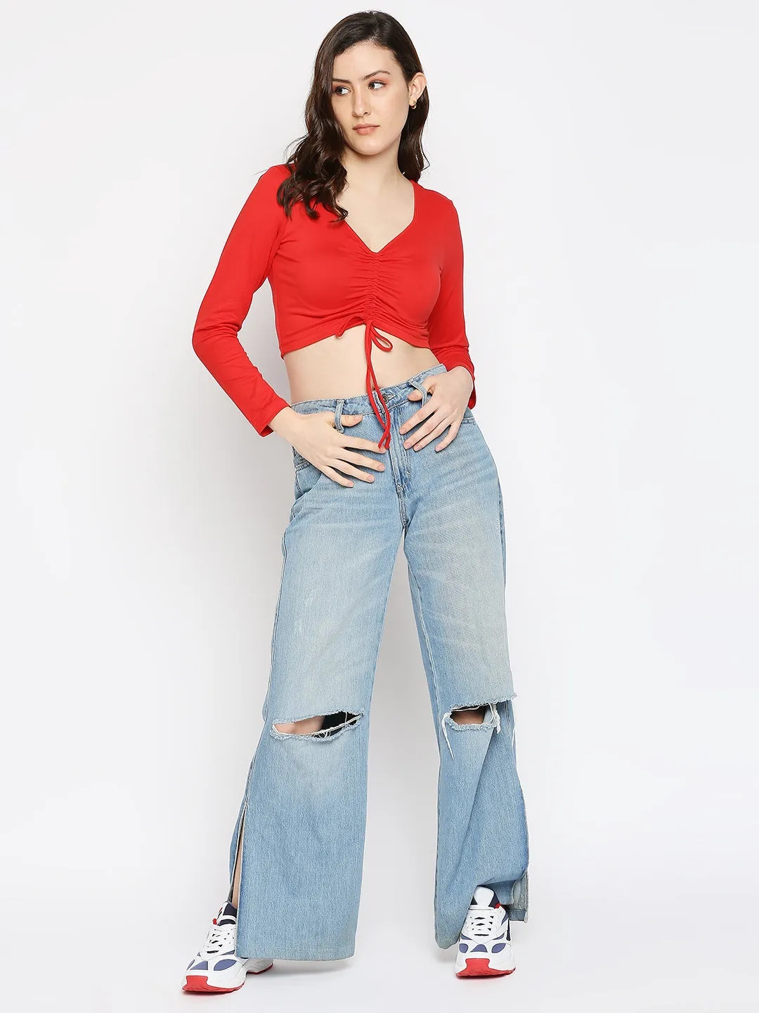 Disrupt Women Long Sleeve Solid Red Drawstring Crop Top