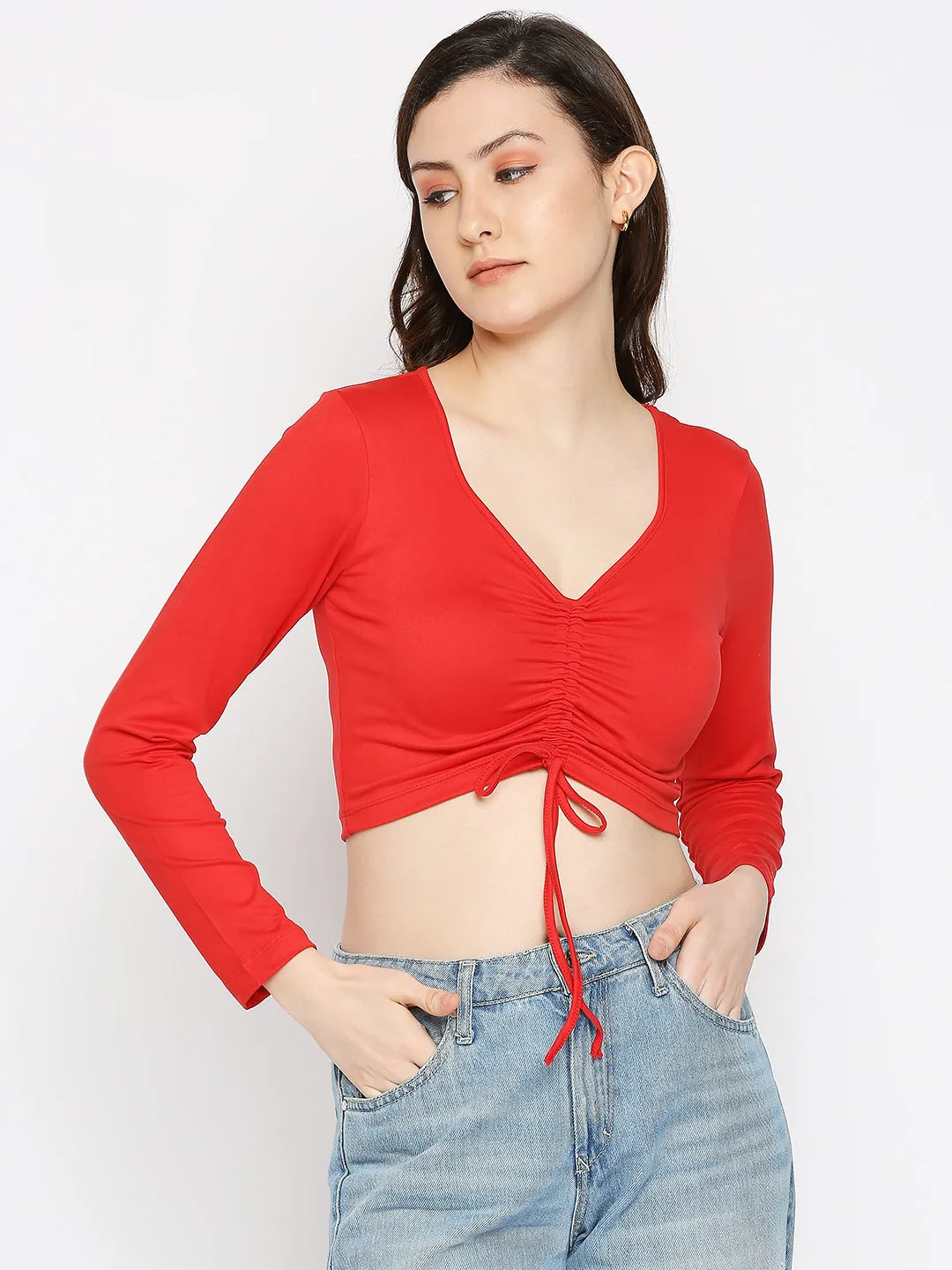 Disrupt Women Long Sleeve Solid Red Drawstring Crop Top