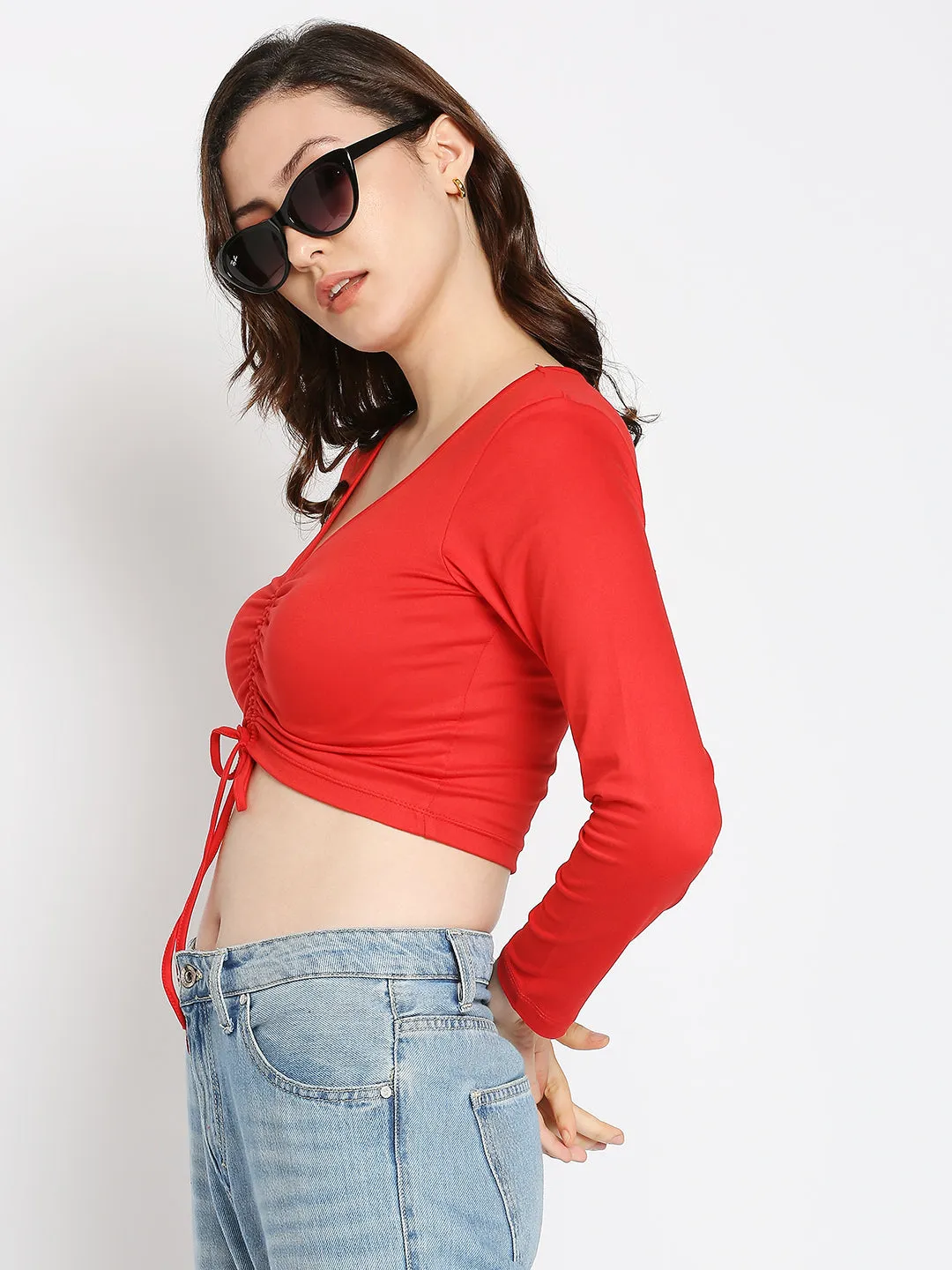 Disrupt Women Long Sleeve Solid Red Drawstring Crop Top