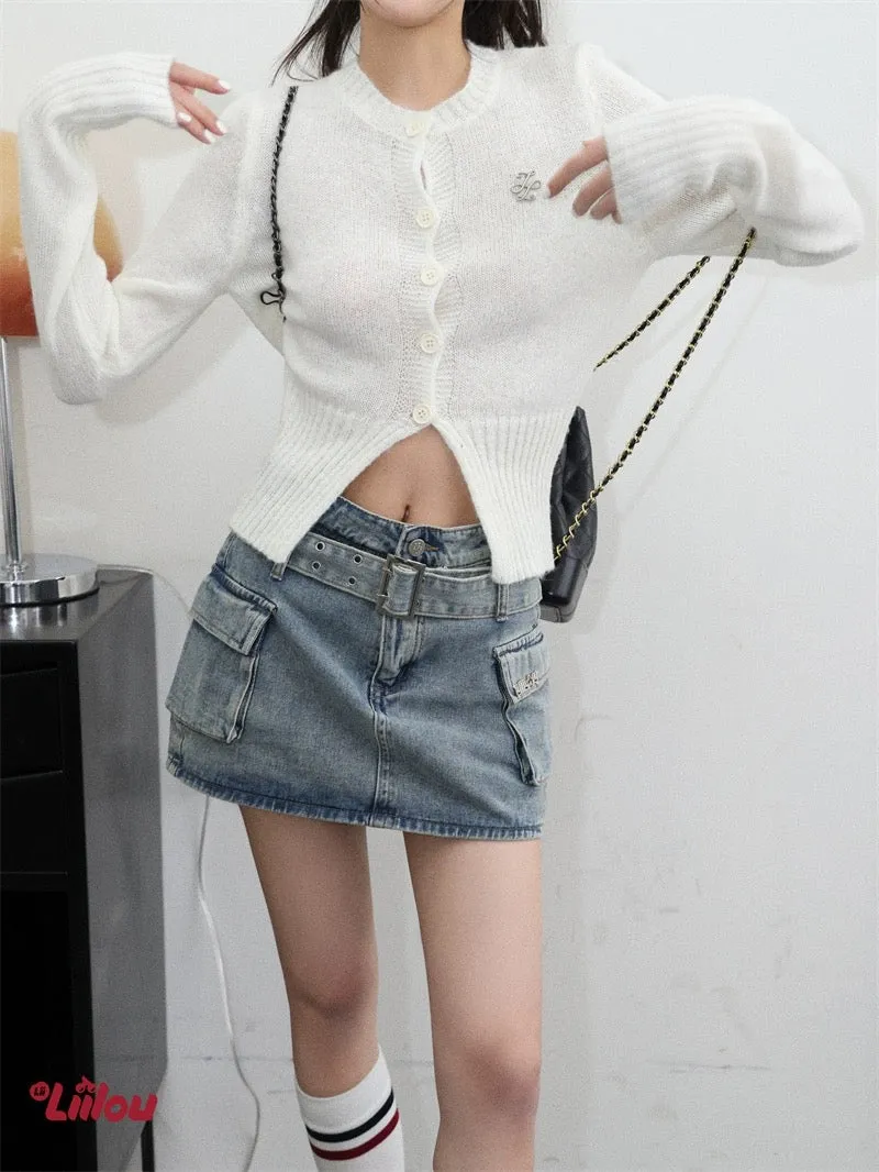 Double-Breasted Belted High-Rise A-Line Denim Culottes