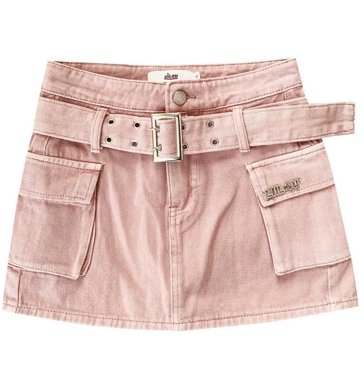 Double-Breasted Belted High-Rise A-Line Denim Culottes