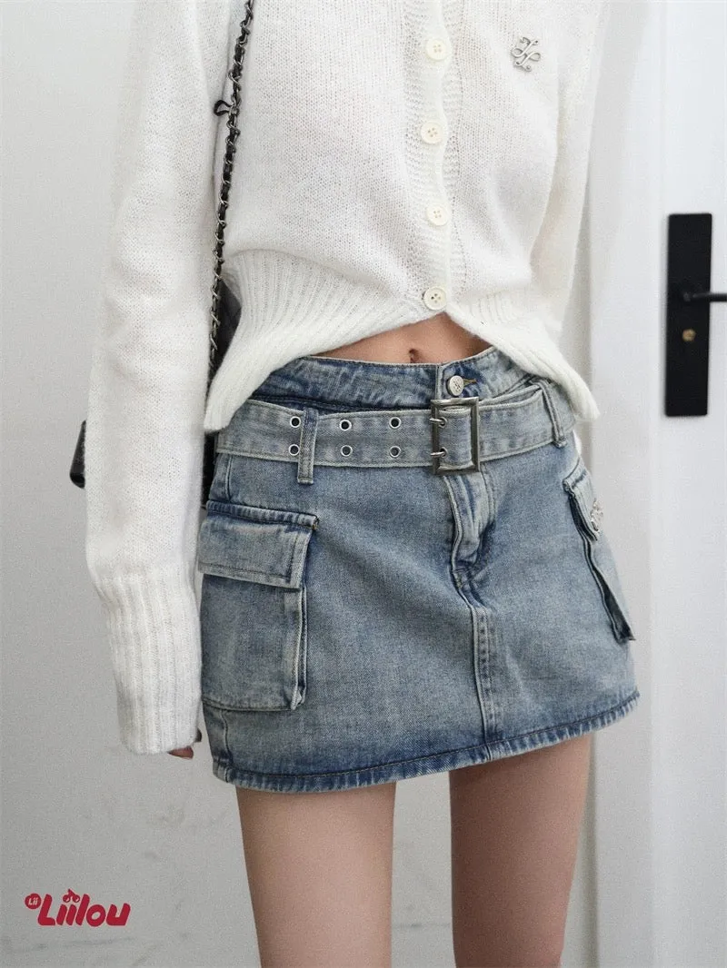 Double-Breasted Belted High-Rise A-Line Denim Culottes