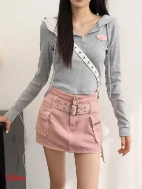 Double-Breasted Belted High-Rise A-Line Denim Culottes
