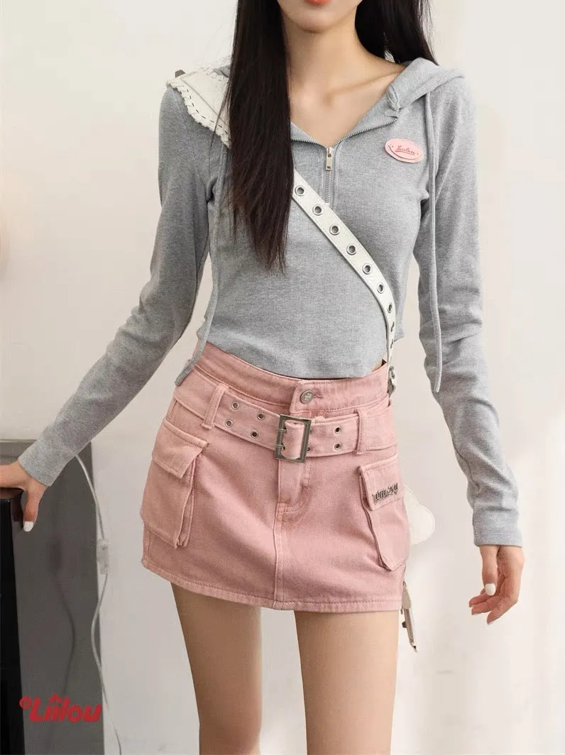 Double-Breasted Belted High-Rise A-Line Denim Culottes
