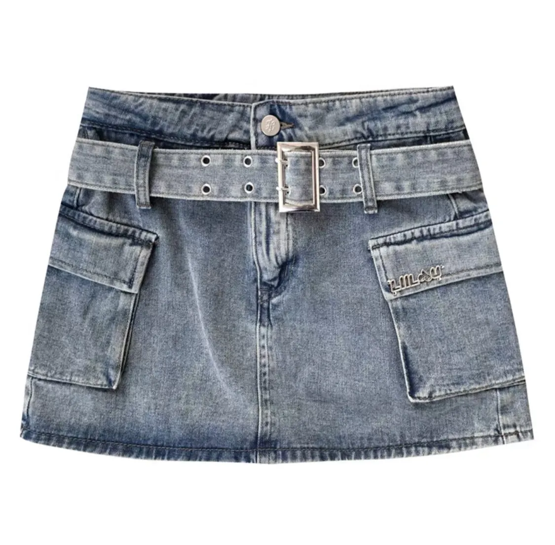 Double-Breasted Belted High-Rise A-Line Denim Culottes