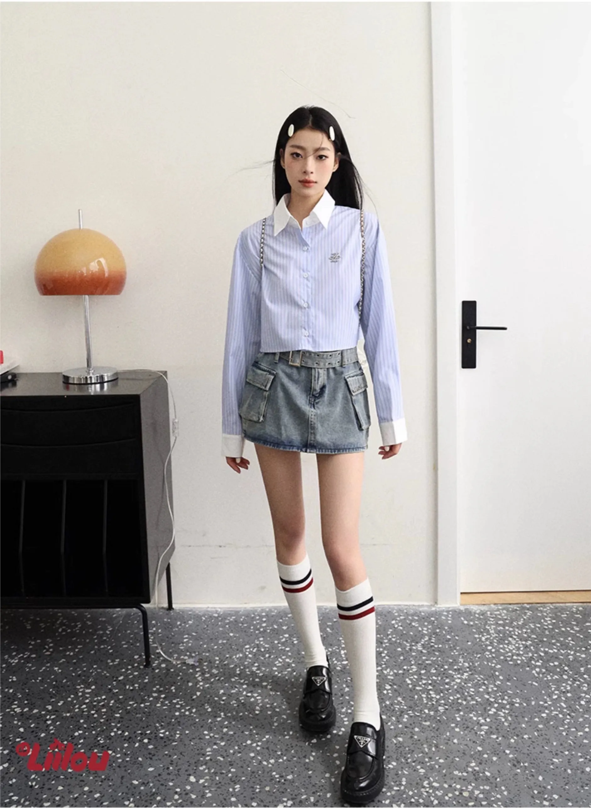 Double-Breasted Belted High-Rise A-Line Denim Culottes