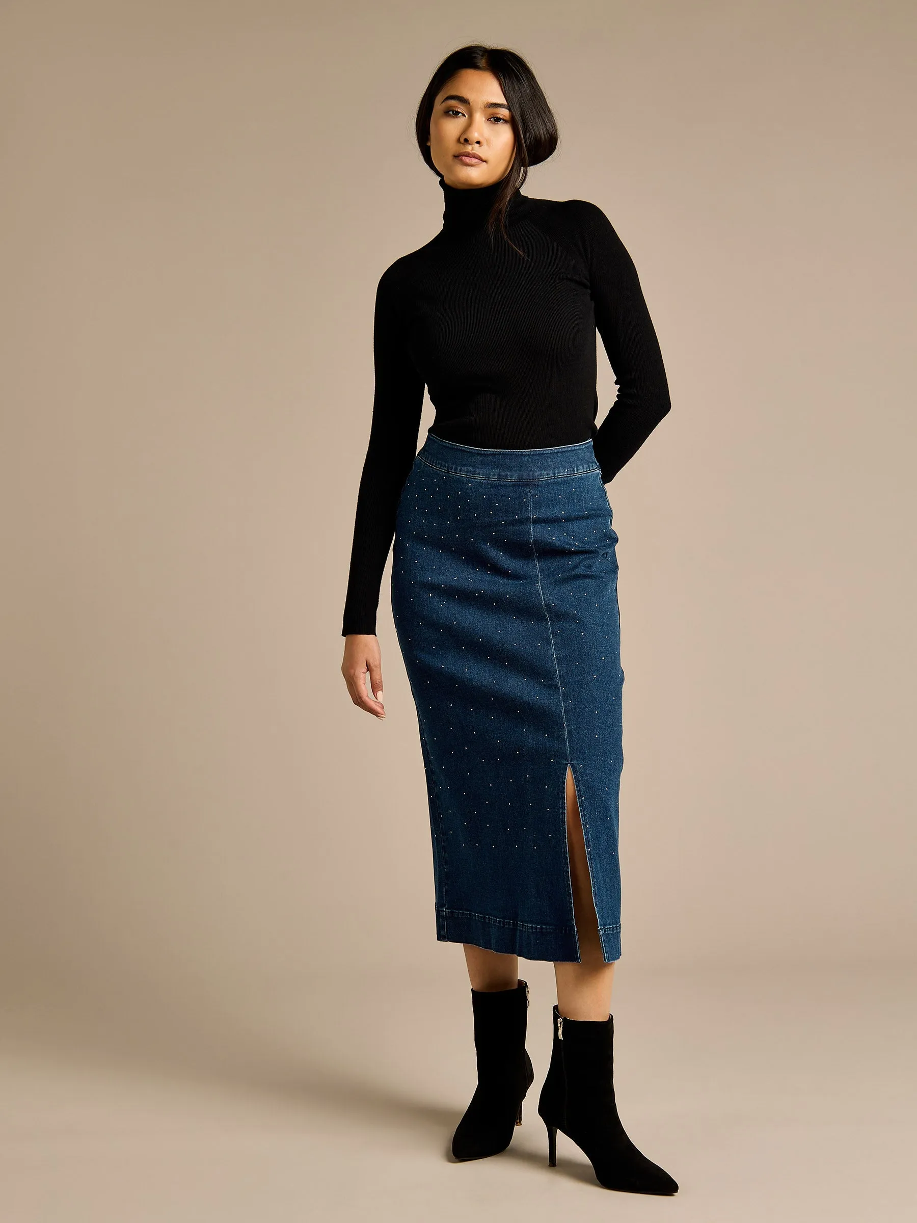 GWD Crystal Indigo Denim Midi Skirt