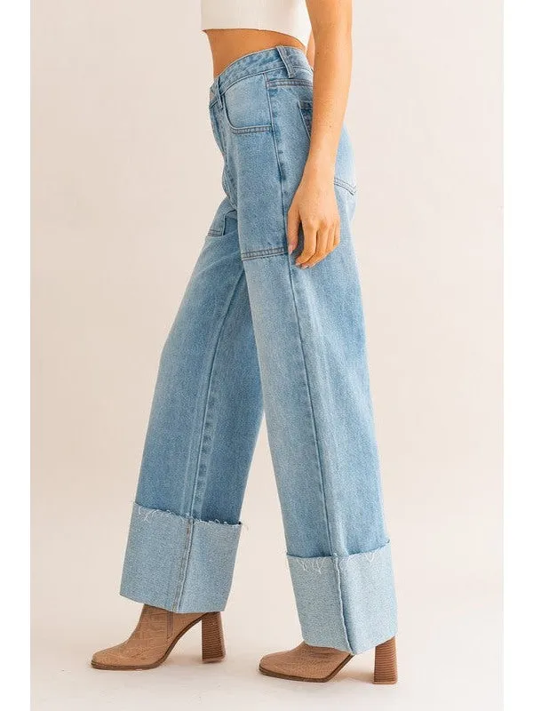 High-Waisted Wide Leg Cuffed Jeans