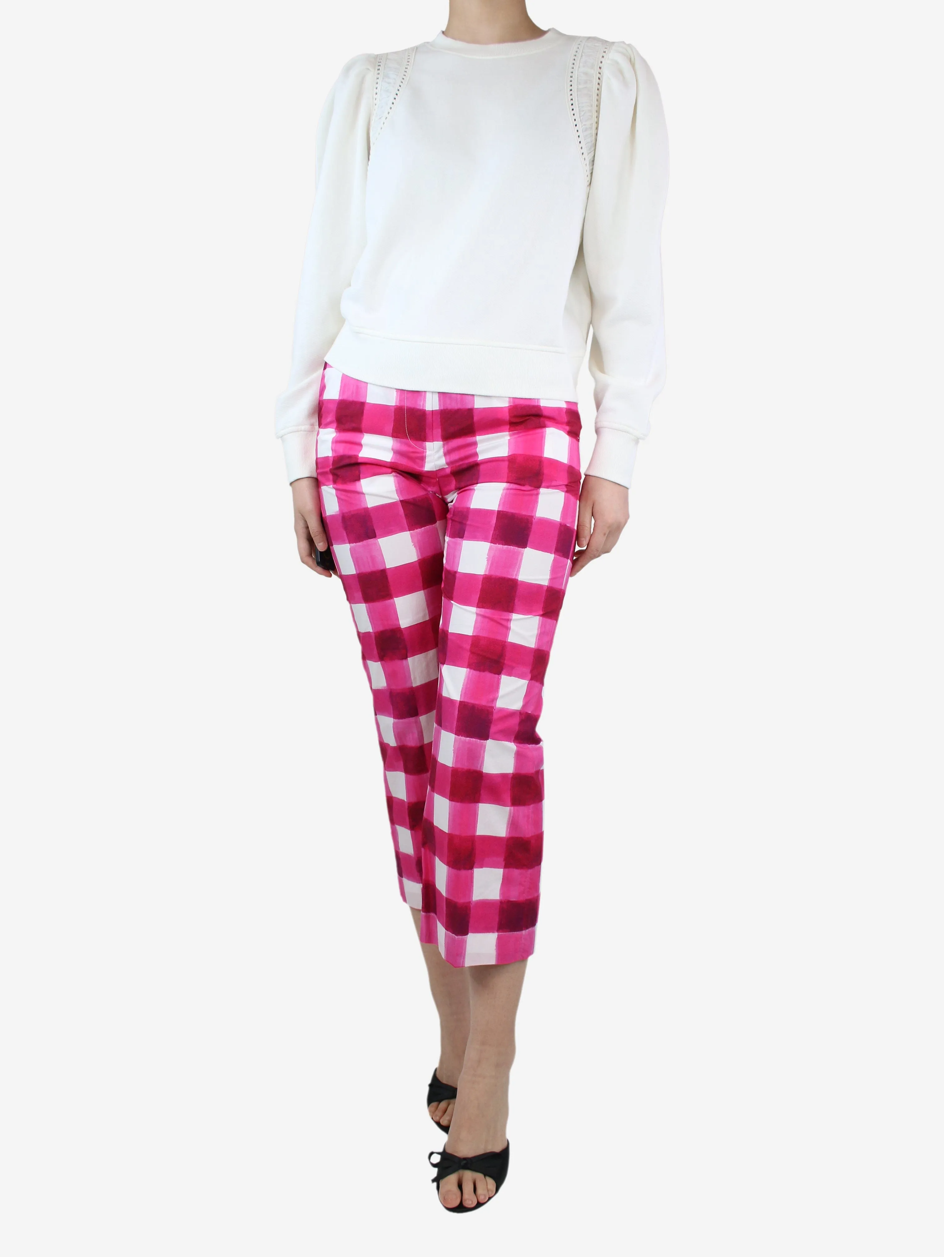 Hot pink checkered cotton trousers - size UK 8