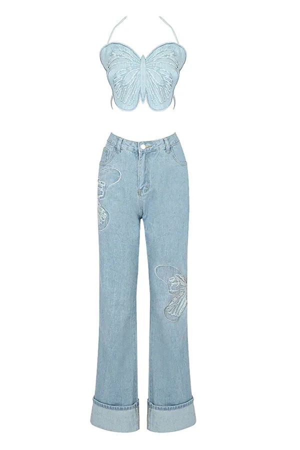 hulianfu Butterfly Denim Rocking Backless Pant Suit