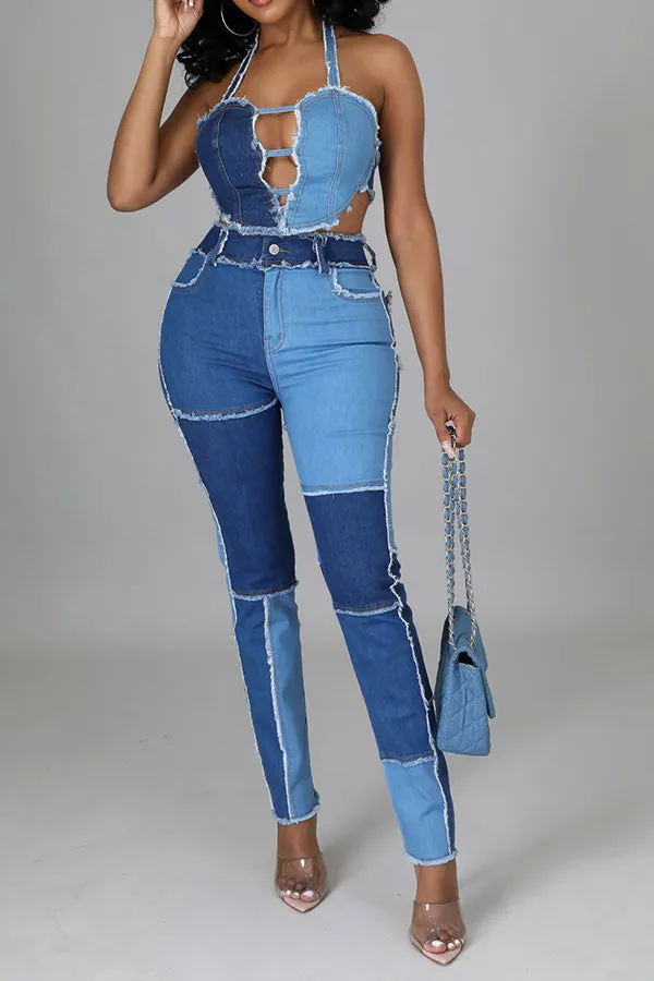 hulianfu Color Block Burrs Patchwork Unique Cutout Denim Pant Suit