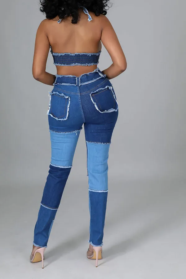 hulianfu Color Block Burrs Patchwork Unique Cutout Denim Pant Suit