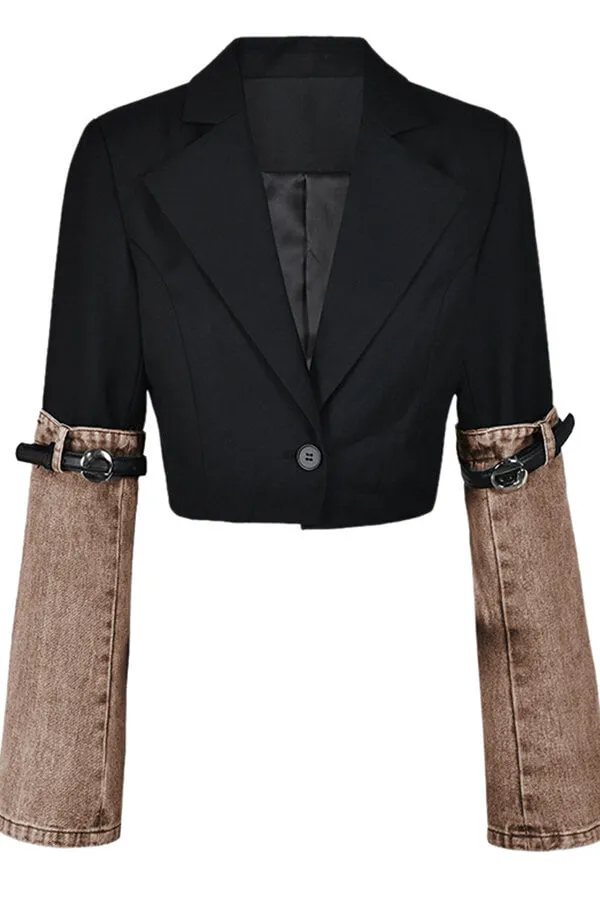 hulianfu Denim Patchwork Undeniable Belt Decor Blazer