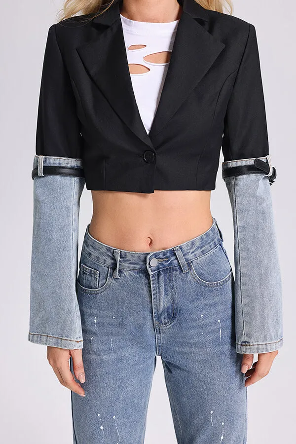 hulianfu Denim Patchwork Undeniable Belt Decor Blazer