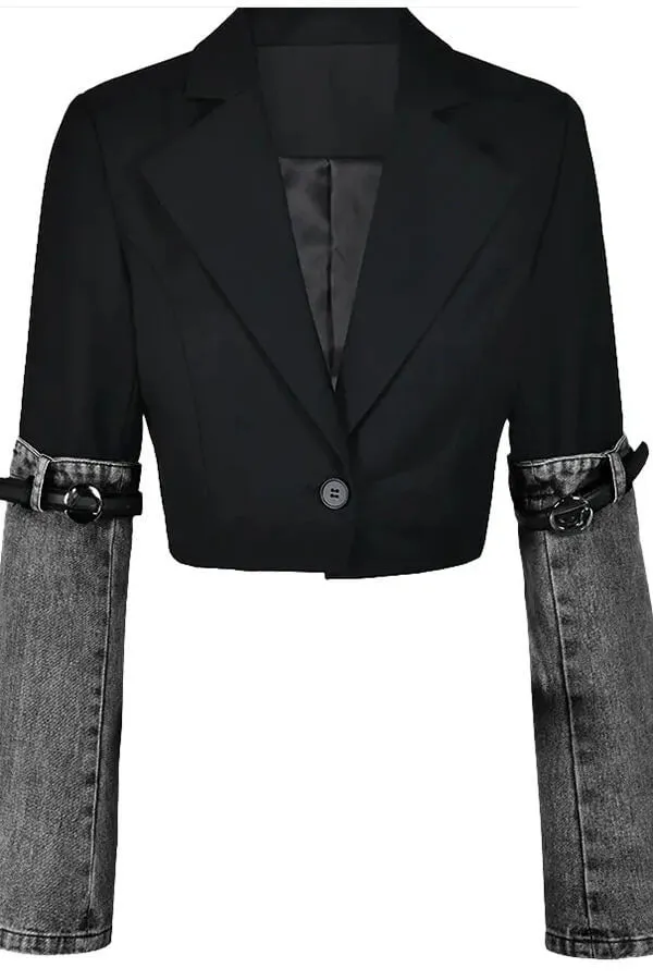 hulianfu Denim Patchwork Undeniable Belt Decor Blazer