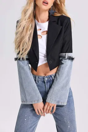 hulianfu Denim Patchwork Undeniable Belt Decor Blazer