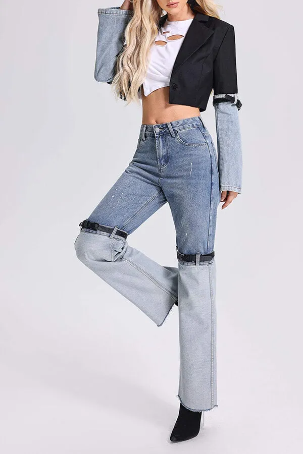 hulianfu Denim Patchwork Undeniable Belt Decor Blazer