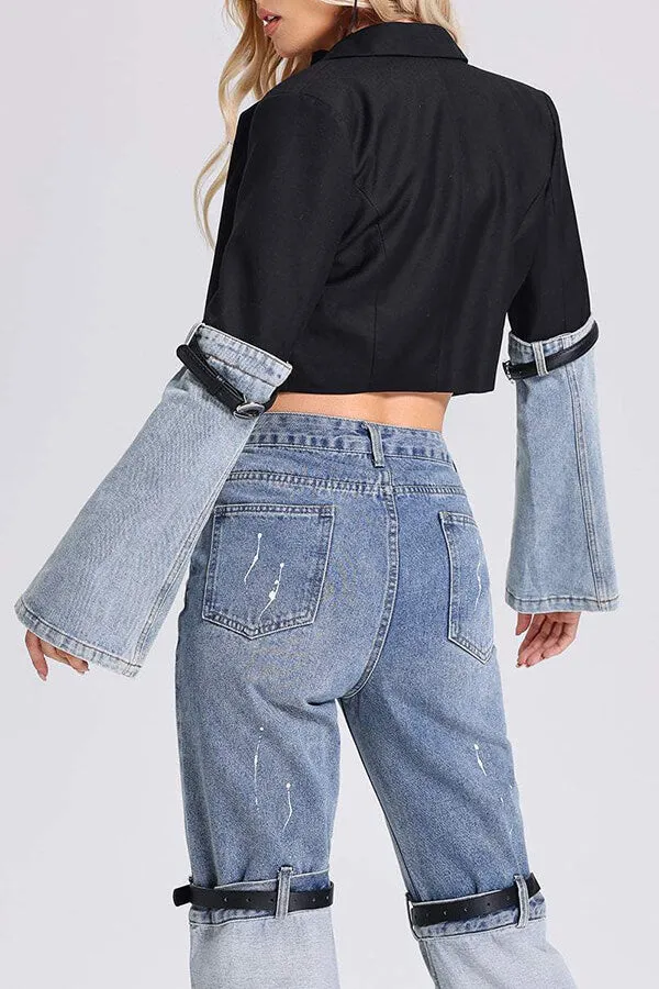 hulianfu Denim Patchwork Undeniable Belt Decor Blazer