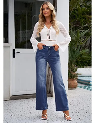 luvamia Wide Leg Jeans for Women High Waisted Baggy 90S Jeans Distressed Stretchy Denim Pants Trendy Womens High Waisted Jeans Bell Bottoms High Waisted Wide Leg Pants for Women Dark Blue Size US 16