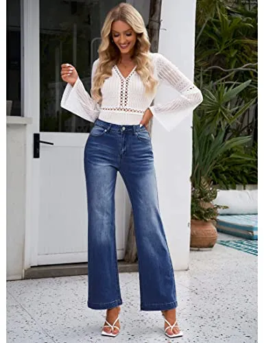 luvamia Wide Leg Jeans for Women High Waisted Baggy 90S Jeans Distressed Stretchy Denim Pants Trendy Womens High Waisted Jeans Bell Bottoms High Waisted Wide Leg Pants for Women Dark Blue Size US 16
