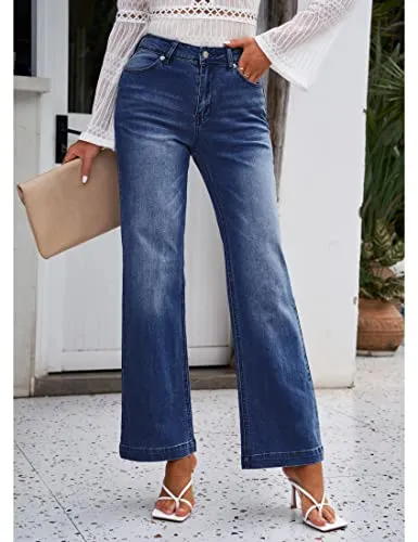 luvamia Wide Leg Jeans for Women High Waisted Baggy 90S Jeans Distressed Stretchy Denim Pants Trendy Womens High Waisted Jeans Bell Bottoms High Waisted Wide Leg Pants for Women Dark Blue Size US 16