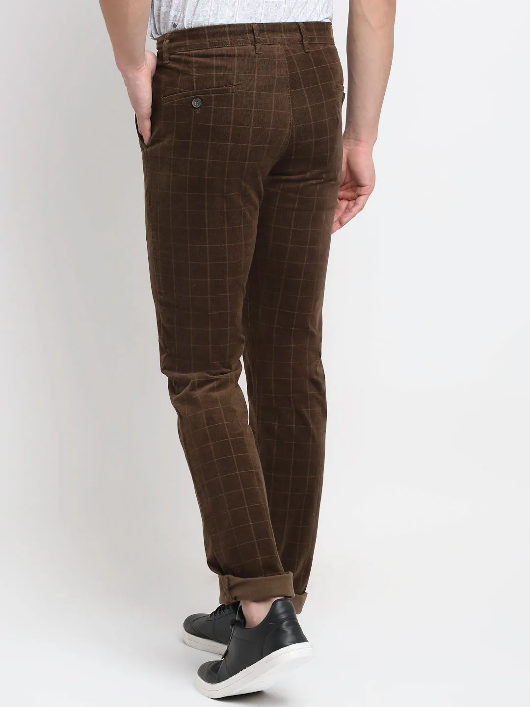 Men's Casual Flat front Brown Corduroy Checks Trousers