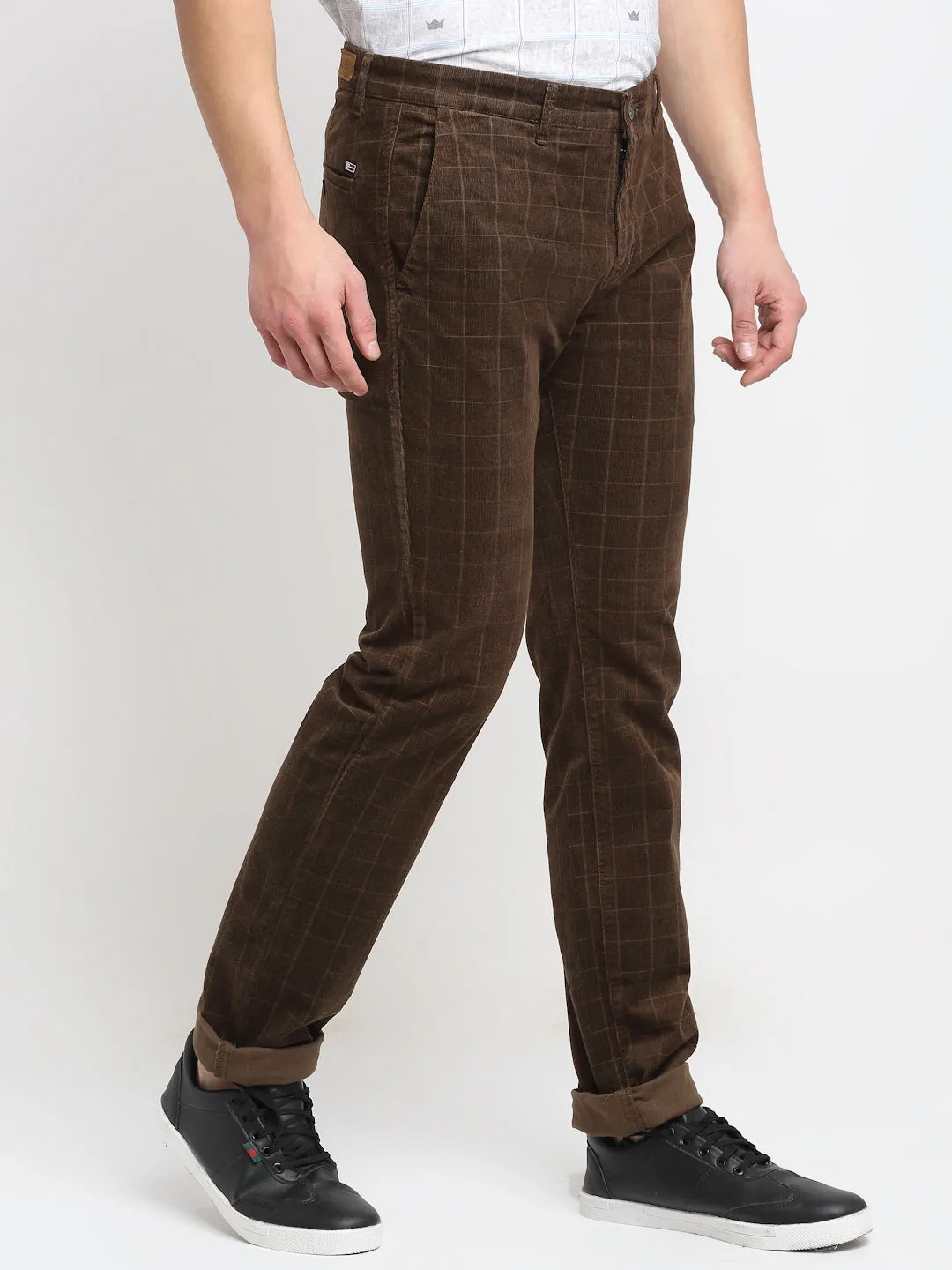 Men's Casual Flat front Brown Corduroy Checks Trousers