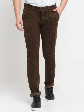 Men's Casual Flat front Brown Corduroy Checks Trousers