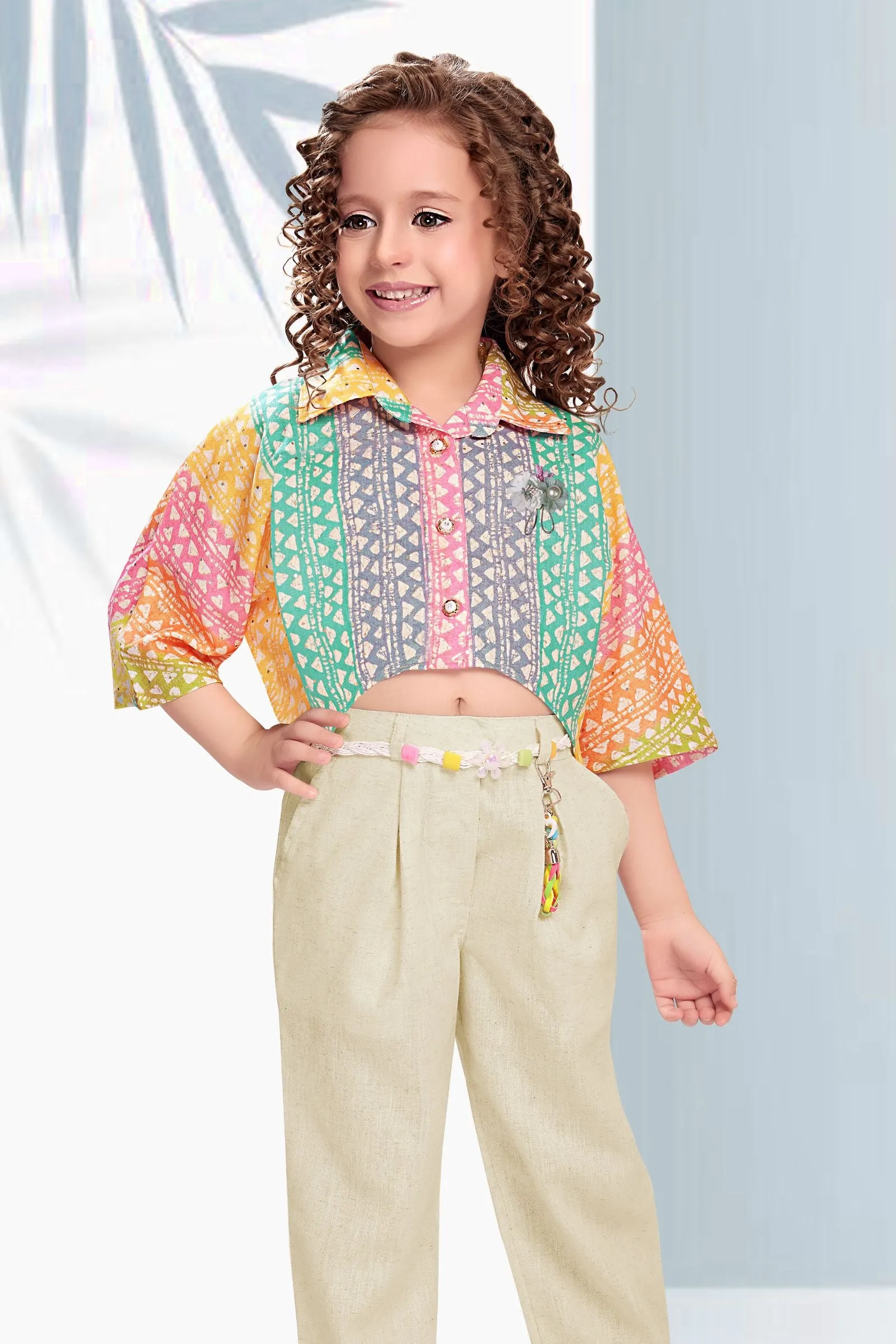 Multicolor Digital Print with Fawn Kaftan Styled Culottes Set for Girls